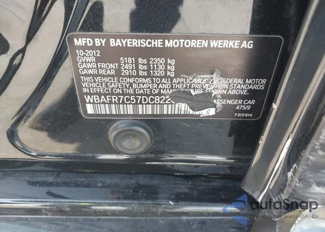 2013 BMW 535I I from USA, damaged, VIN WBAFR7C57DC822666